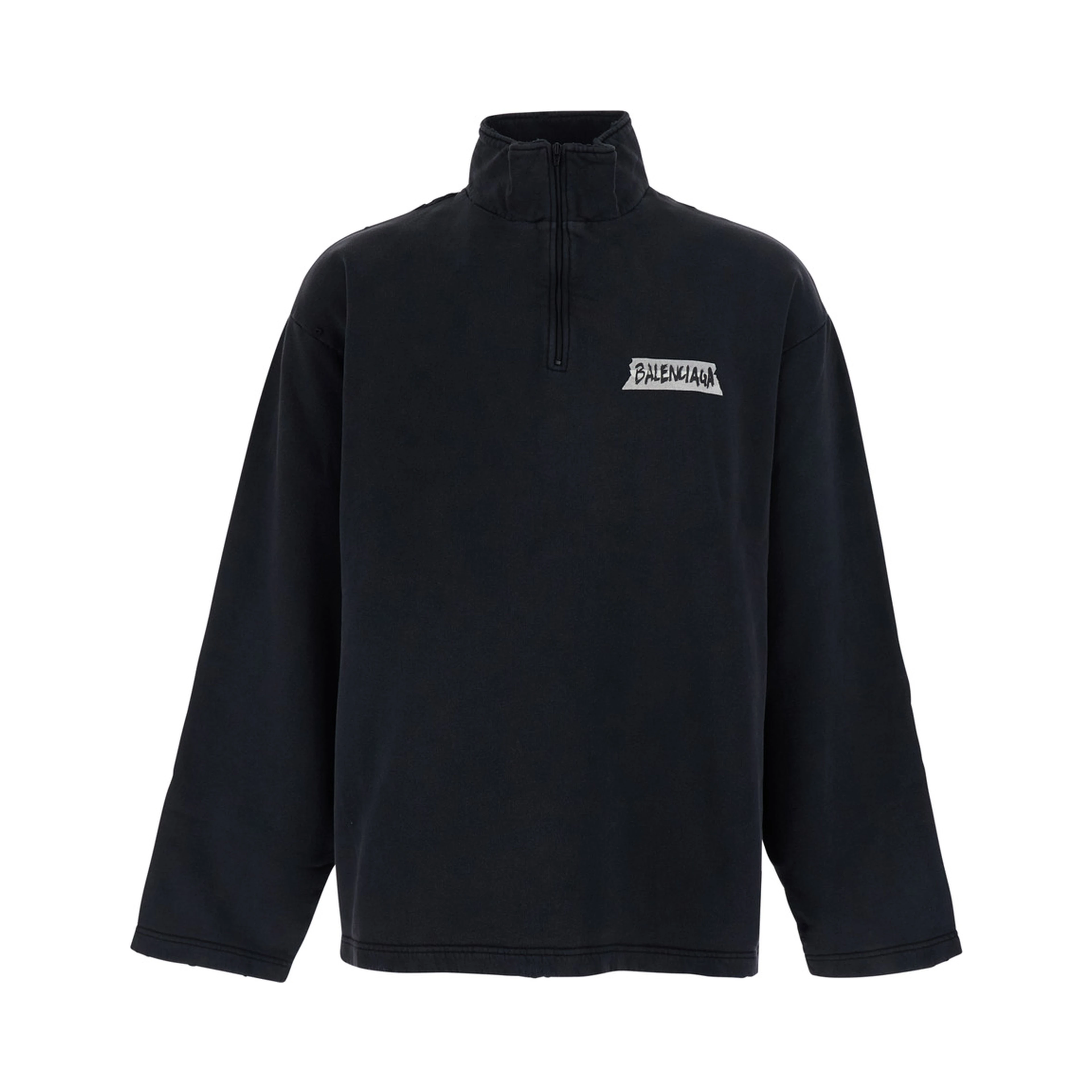 Black Half-Zip Sweatshirt with Logo on the Front in Cotton for Men
