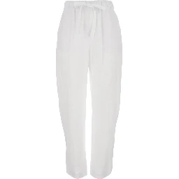 White Pants with Elastic Drawstring Waist in Linen for Women