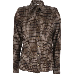 Brown Shirt with Classic Collar and All-Over Print in Stretch Viscose for Women