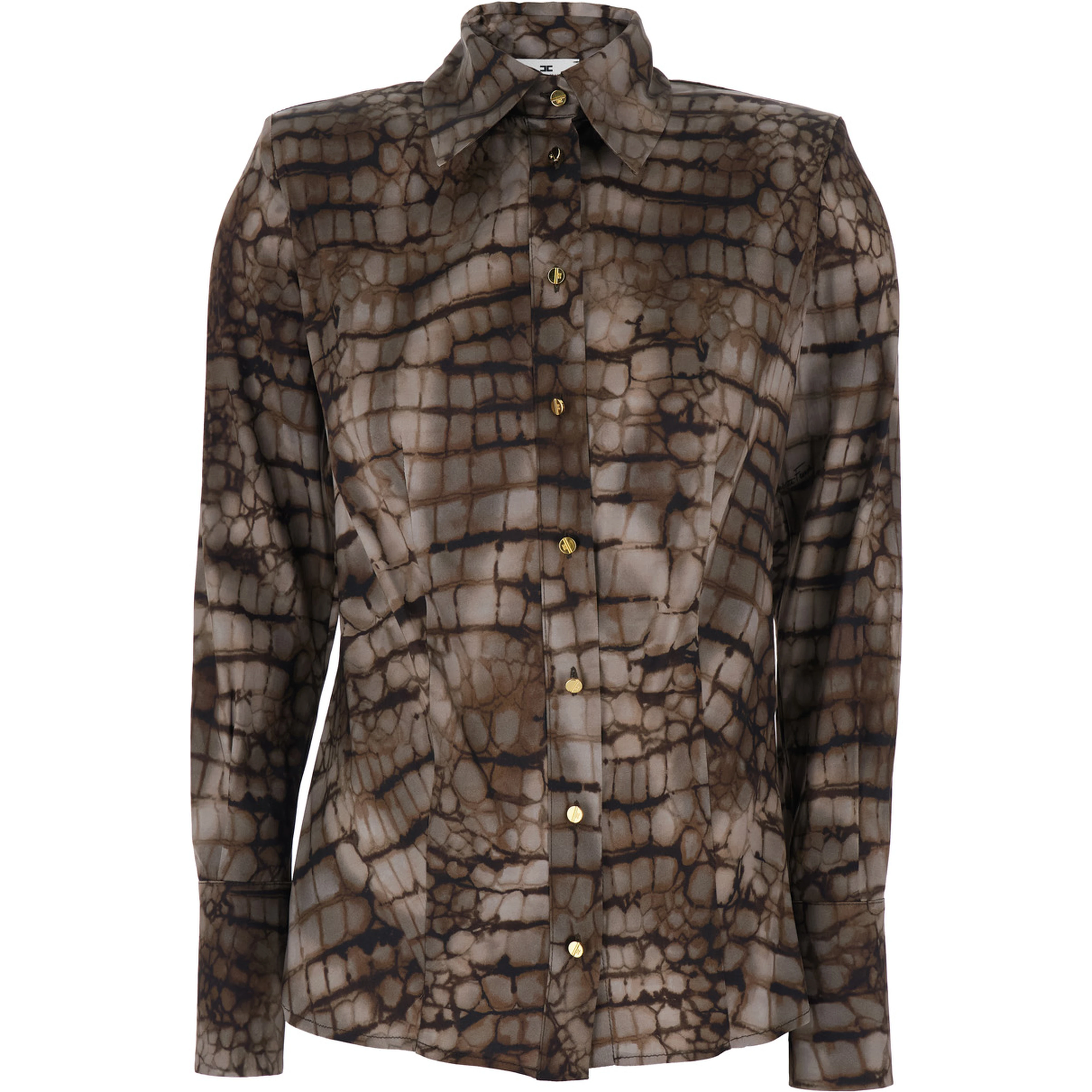 Brown Shirt with Classic Collar and All-Over Print in Stretch Viscose for Women