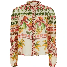 Axelle White Crew Neck Blouse with ruffle details and all-over floral motif in cotton for women