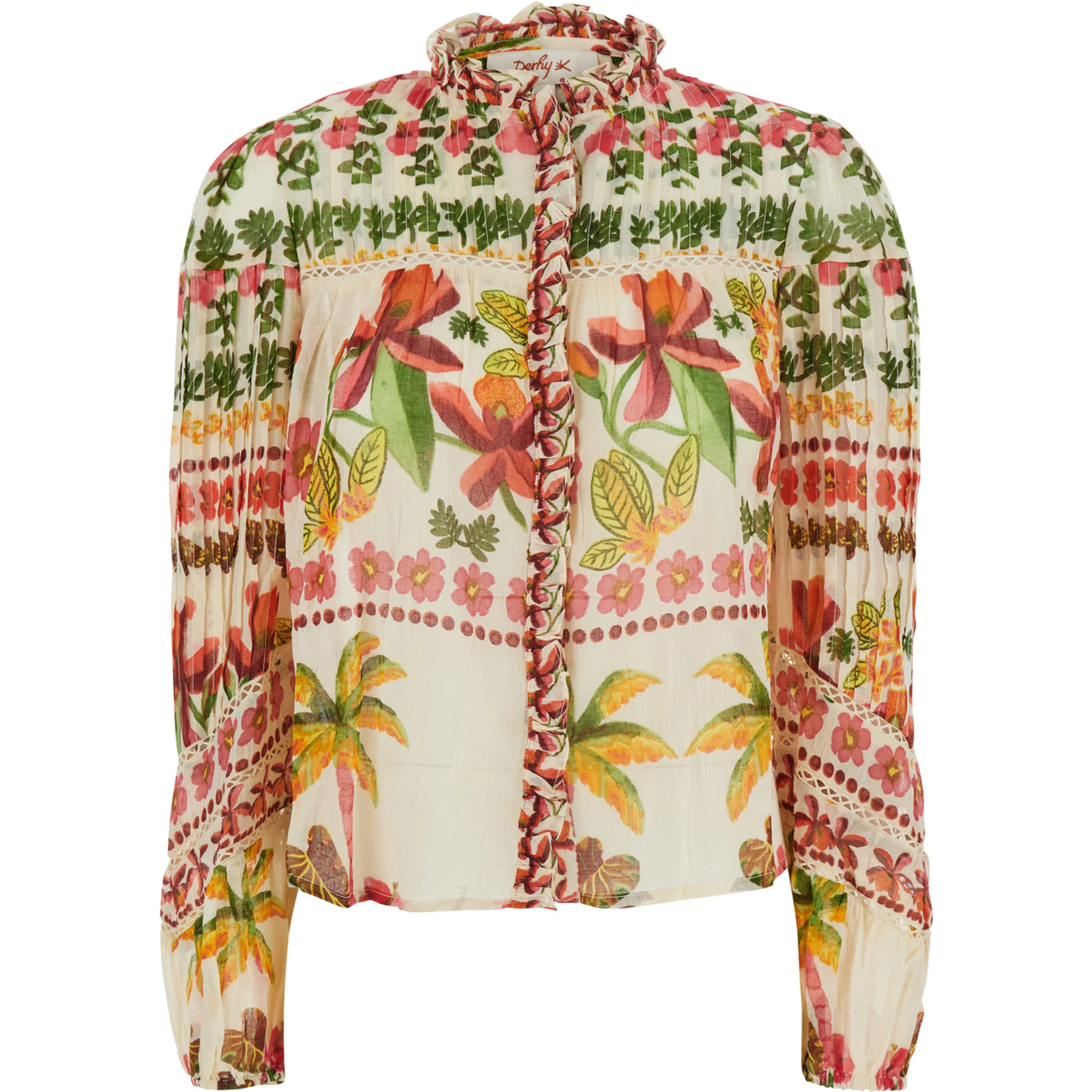 Axelle White Crew Neck Blouse with ruffle details and all-over floral motif in cotton for women