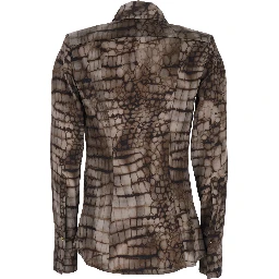 Brown Shirt with Classic Collar and All-Over Print in Stretch Viscose for Women