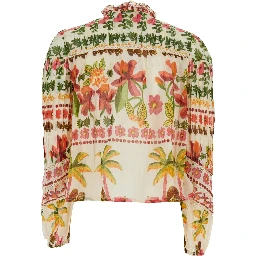 Axelle White Crew Neck Blouse with ruffle details and all-over floral motif in cotton for women