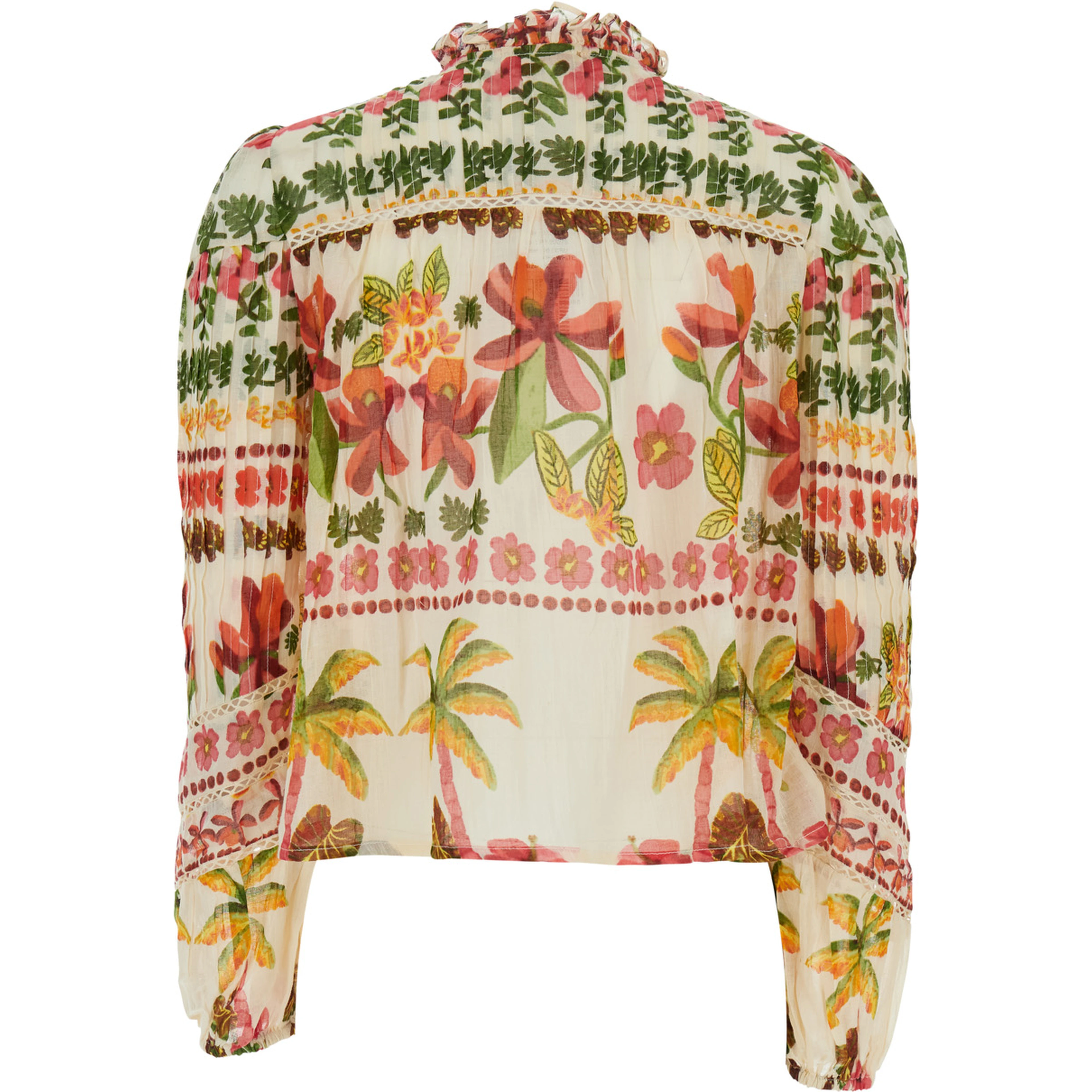 Axelle White Crew Neck Blouse with ruffle details and all-over floral motif in cotton for women