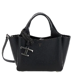 Handbag with Removable Metal Pendant in Black Leather for Women