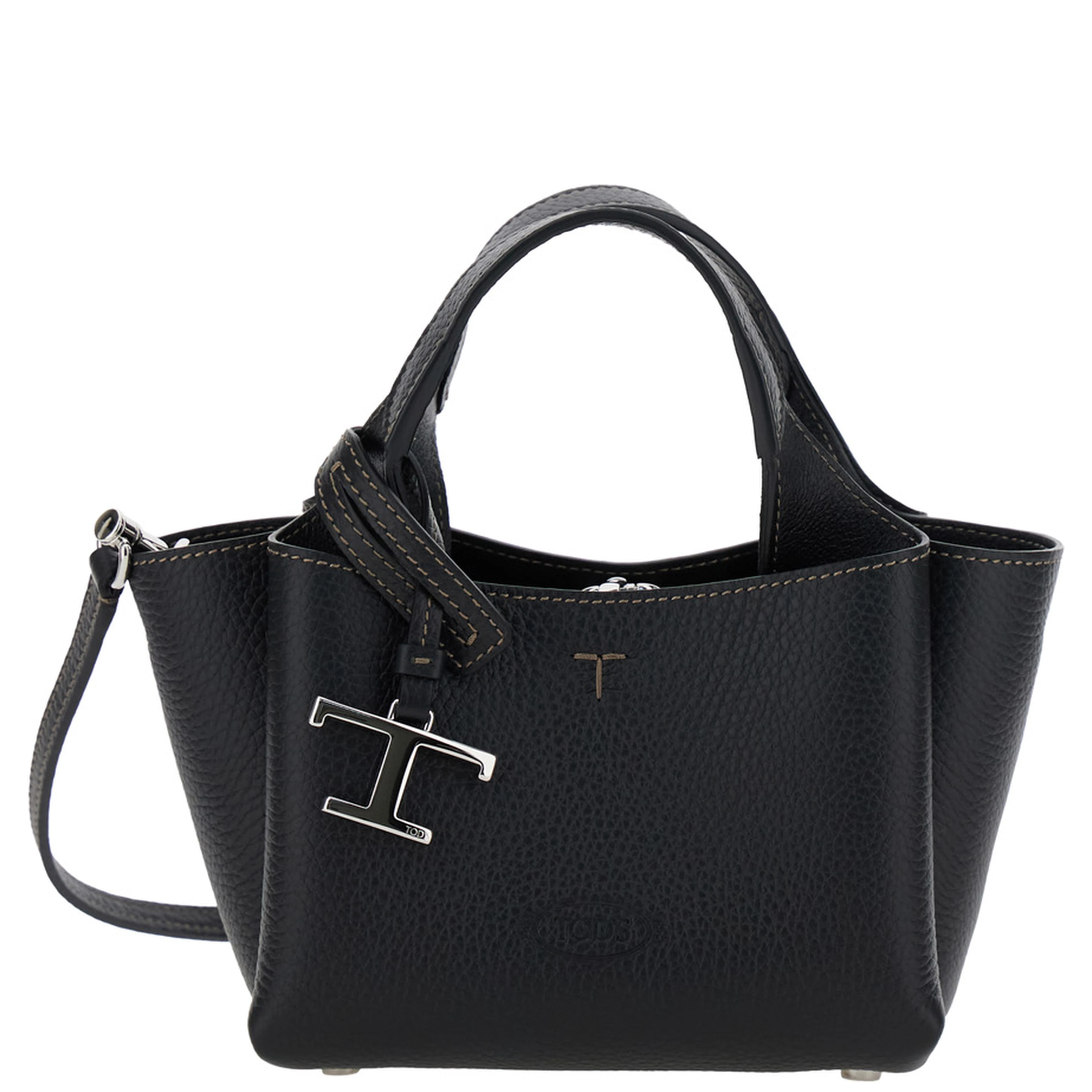 Handbag with Removable Metal Pendant in Black Leather for Women