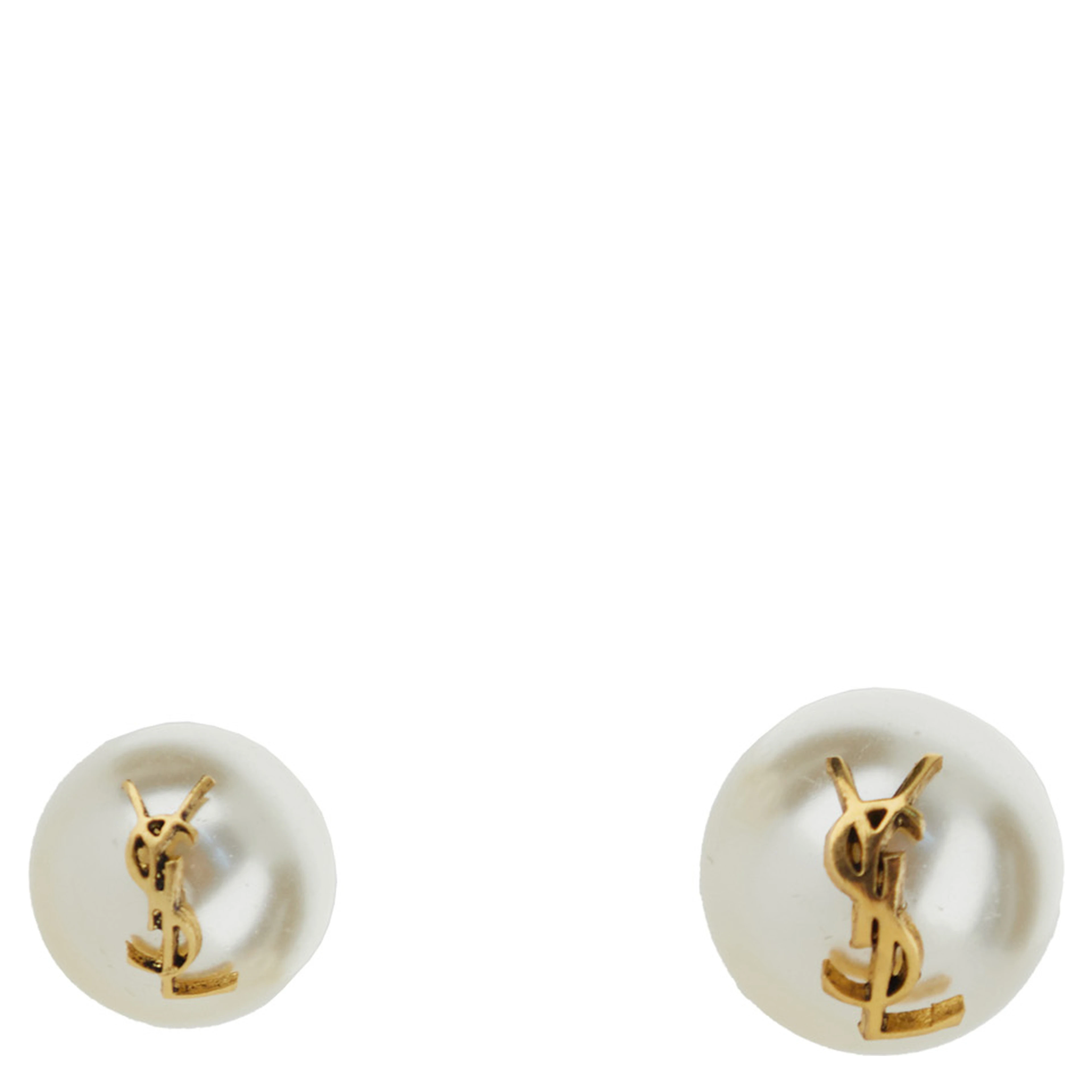 Asymmetric earrings with a large pearl and a small one in Metal with YSL Logo