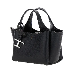 Handbag with Removable Metal Pendant in Black Leather for Women