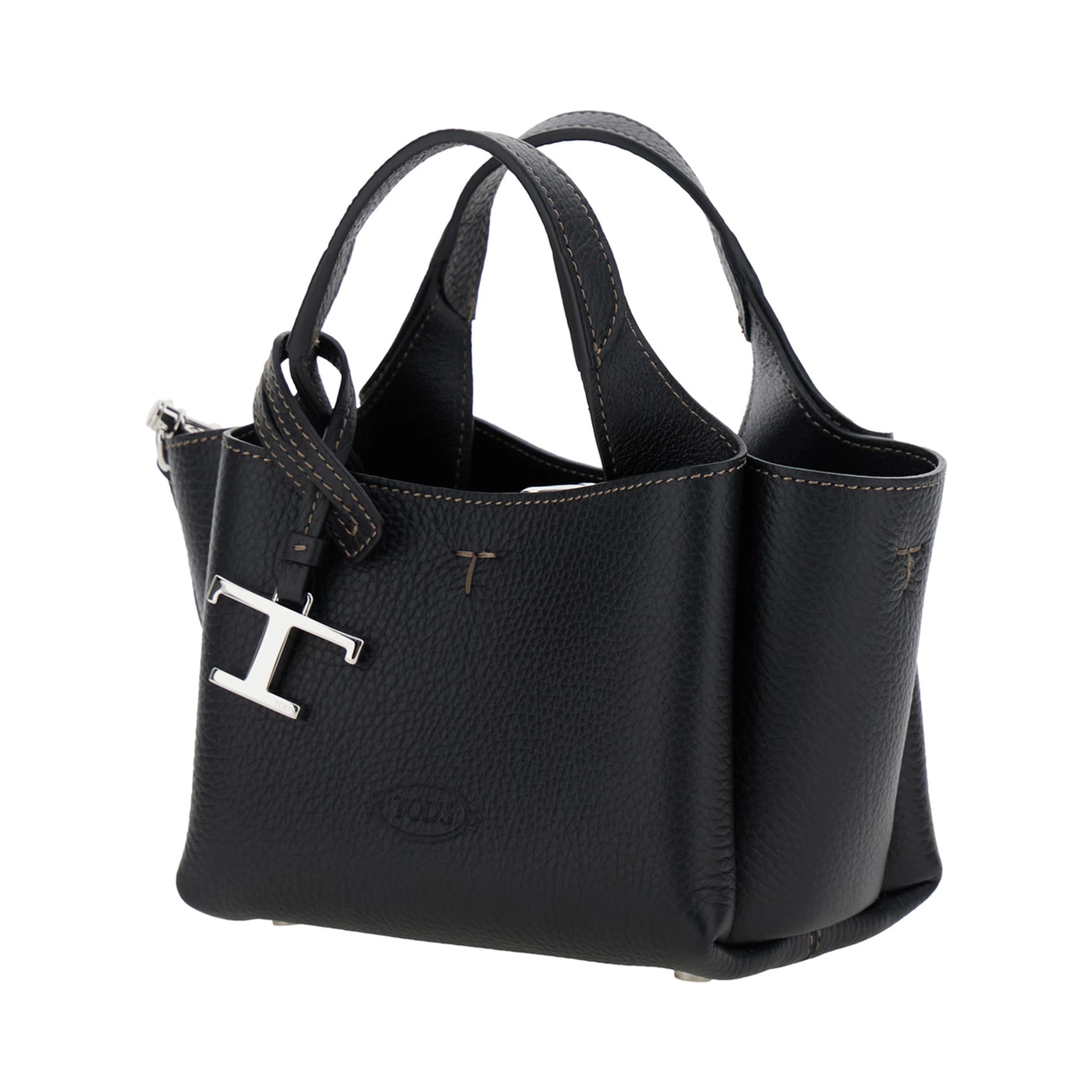 Handbag with Removable Metal Pendant in Black Leather for Women