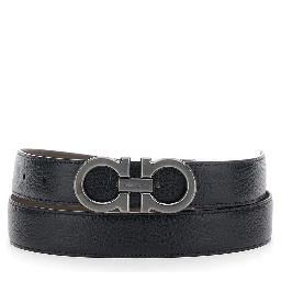 Reversible Belt with Gancini Buckle in Grained Black Leather for Men