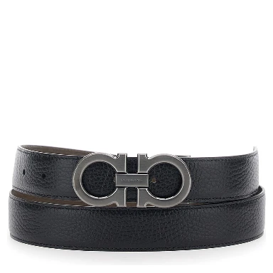 Reversible Belt with Gancini Buckle in Grained Black Leather for Men
