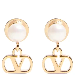 metallic colore Earrings with pearls and VLogo pendants in bronze for women