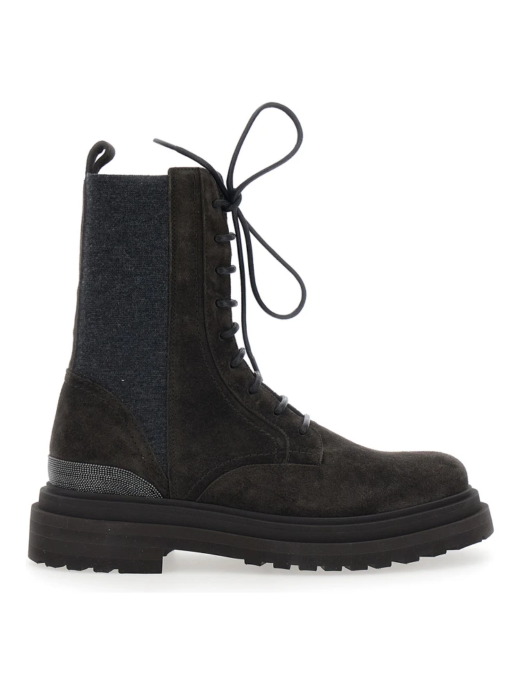Brown Ankle Boots with Lace Closure and Monil Detail on the Back in Suede for Women