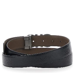 Reversible Belt with Gancini Buckle in Grained Black Leather for Men