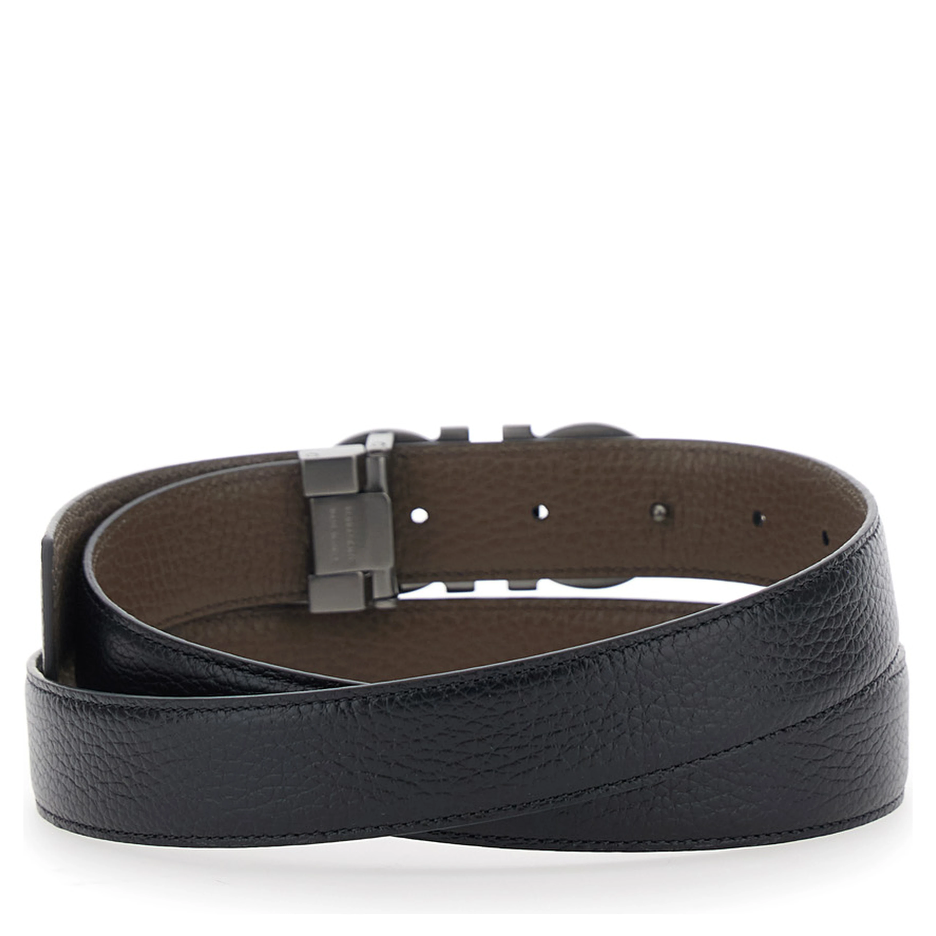 Reversible Belt with Gancini Buckle in Grained Black Leather for Men