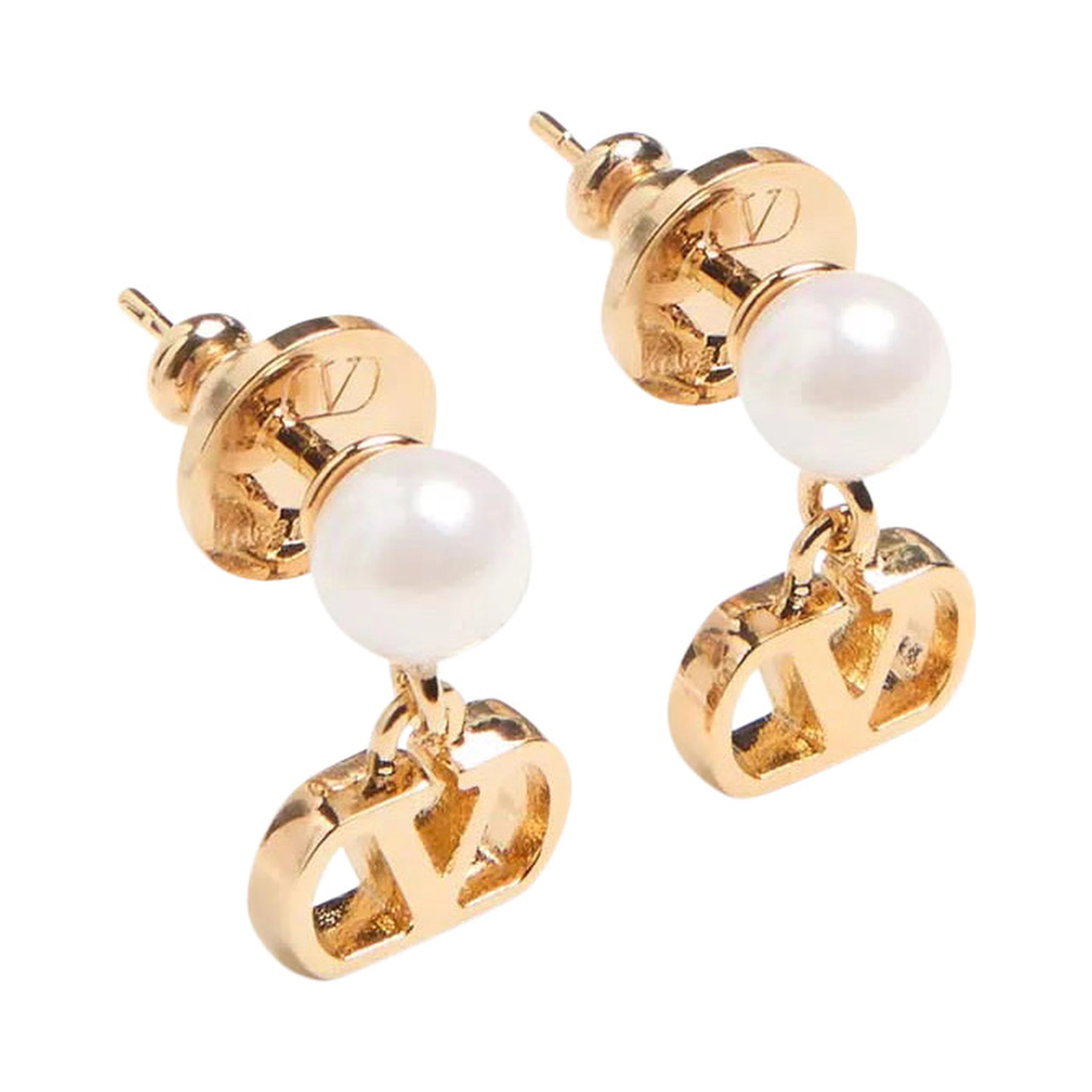 metallic colore Earrings with pearls and VLogo pendants in bronze for women