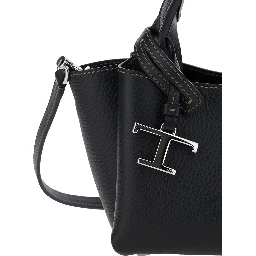 Handbag with Removable Metal Pendant in Black Leather for Women