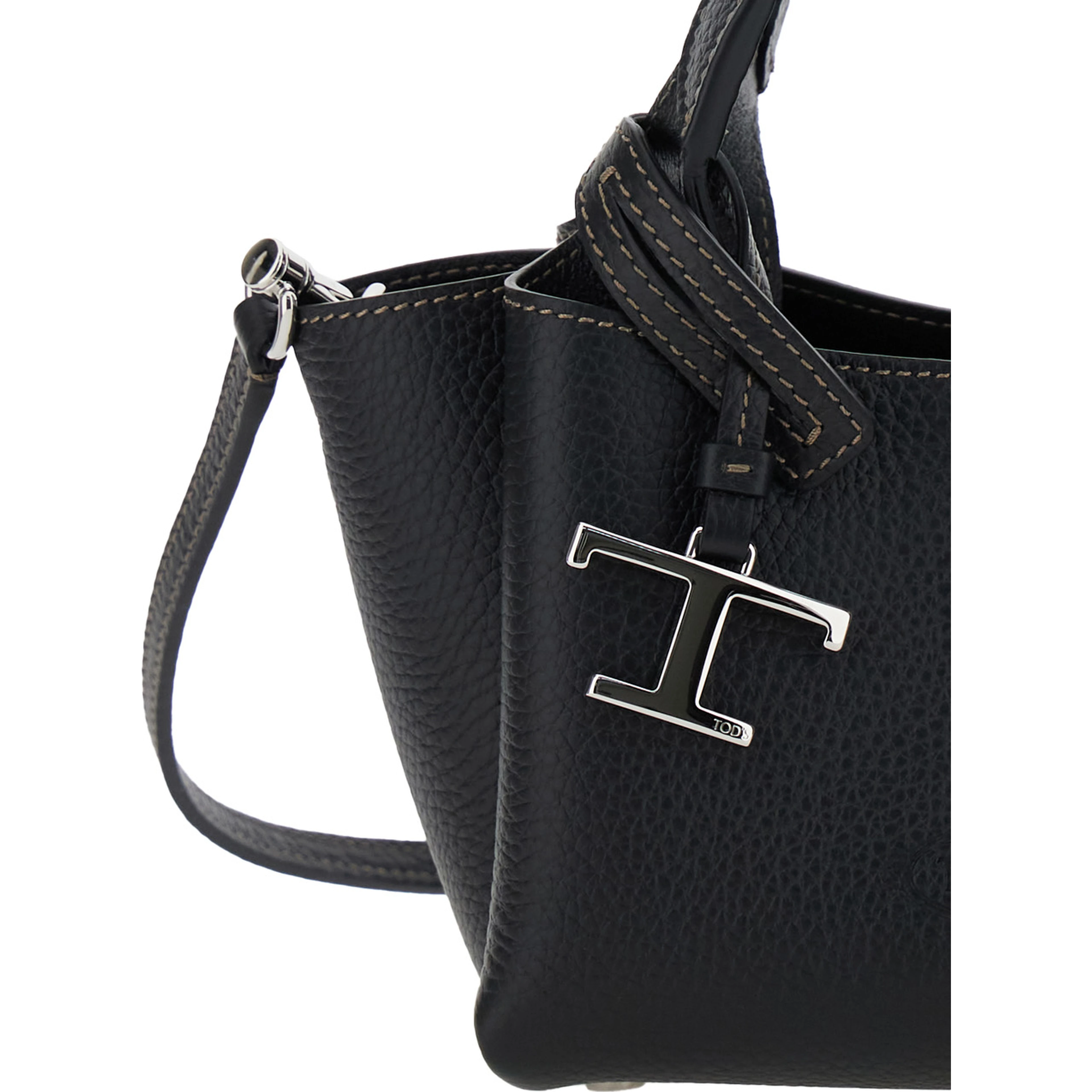 Handbag with Removable Metal Pendant in Black Leather for Women