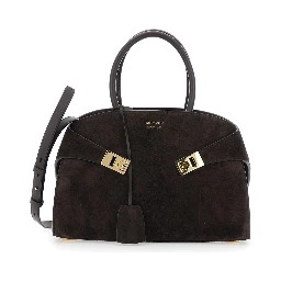 Handbag Hug Piccola with Logo and Gancini Buckles in Brown Suede for Women