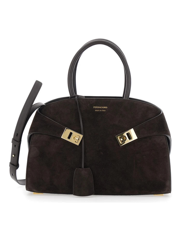 Handbag Hug Piccola with Logo and Gancini Buckles in Brown Suede for Women