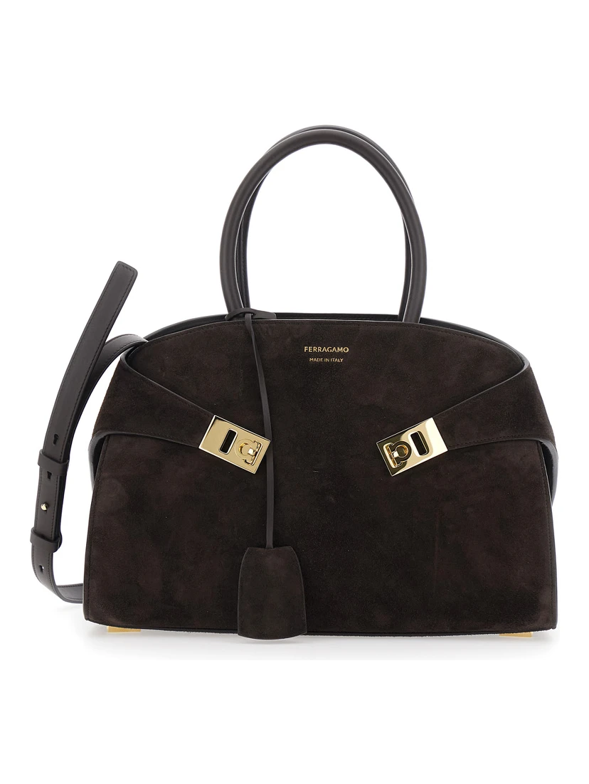 Handbag Hug Piccola with Logo and Gancini Buckles in Brown Suede for Women