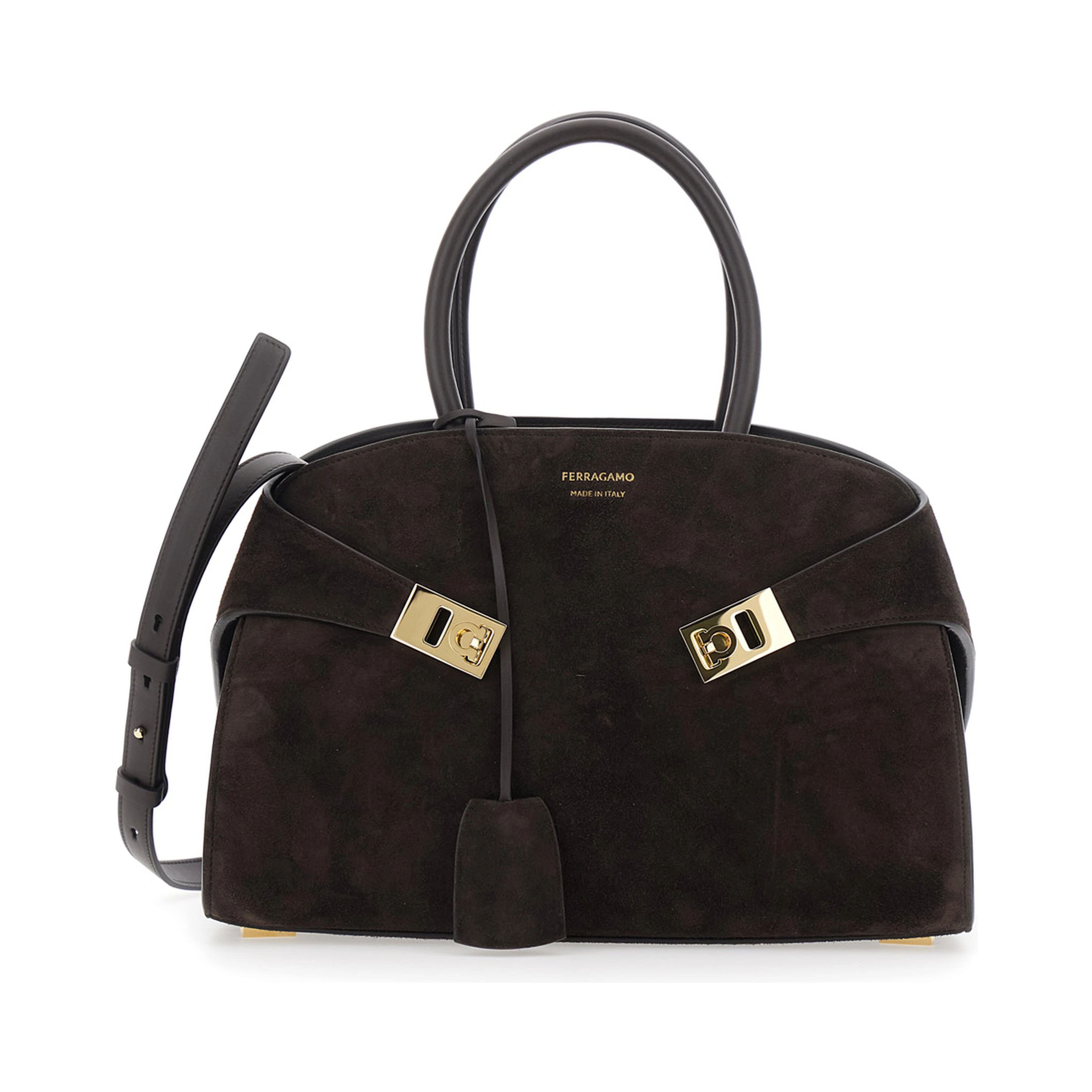 Handbag Hug Piccola with Logo and Gancini Buckles in Brown Suede for Women