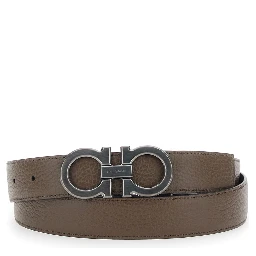 Reversible Belt with Gancini Buckle in Grained Black Leather for Men