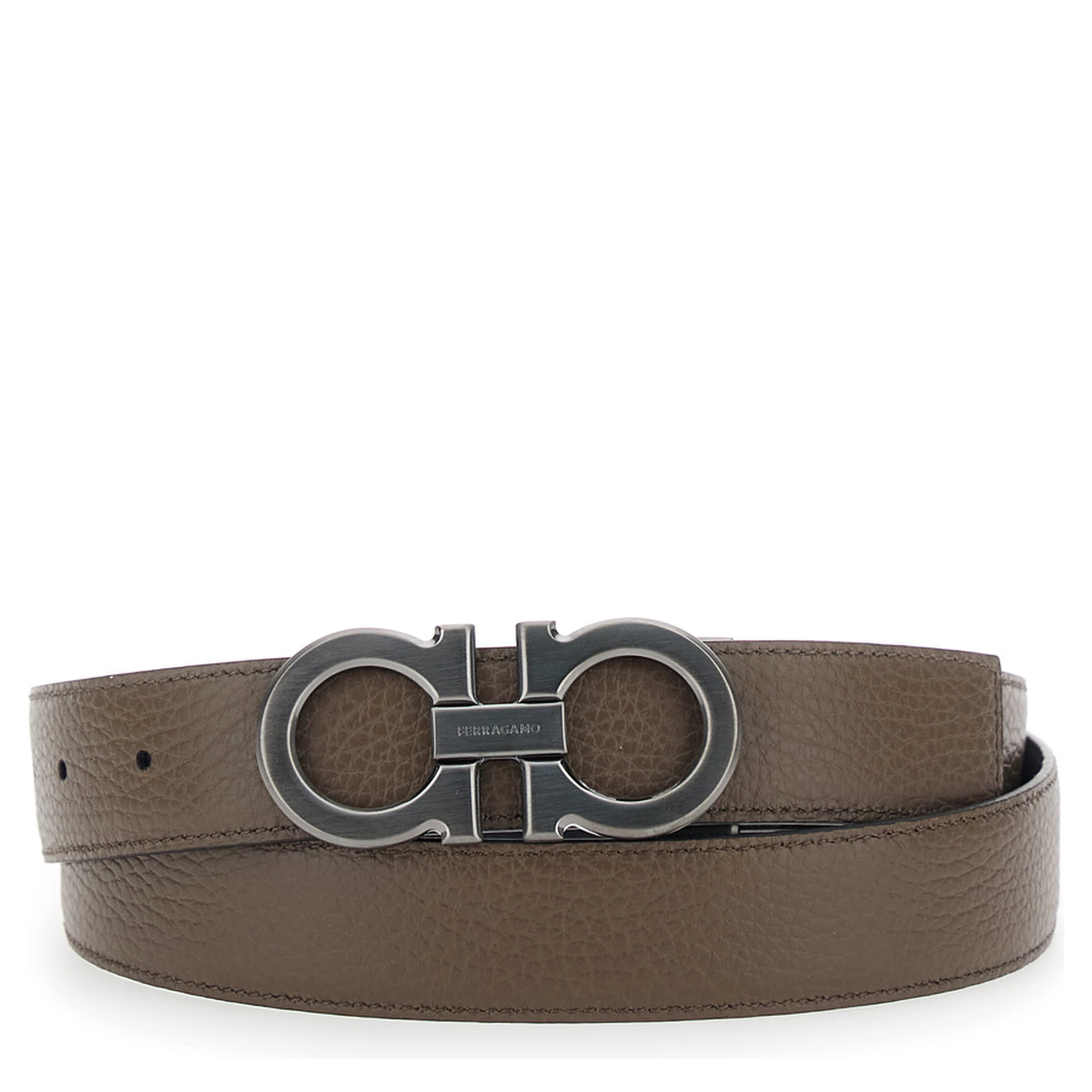 Reversible Belt with Gancini Buckle in Grained Black Leather for Men