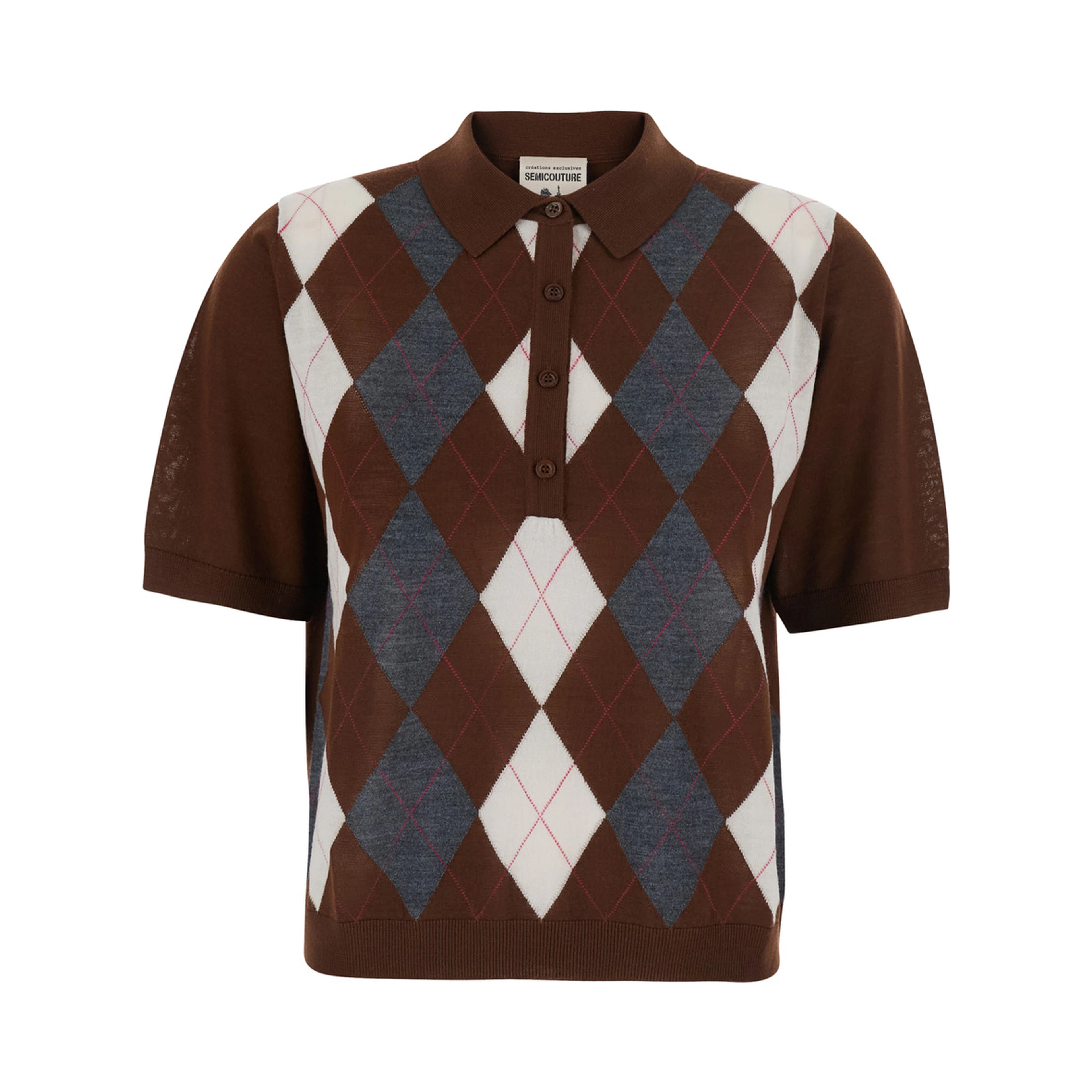 DIANA brown Sweater with polo collar and motif with diamonds in virgin wool for women