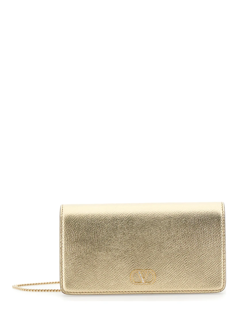 Metallic Mini bag with VLogo plaque on the front and all-over rhinestones in leather for women