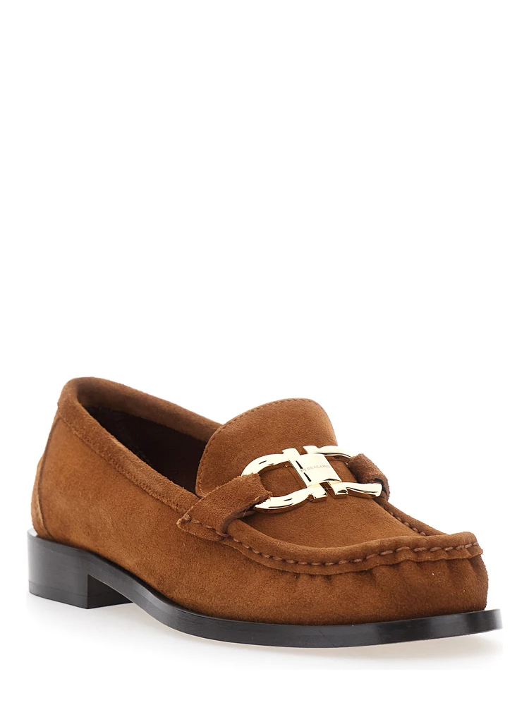 MARIAN brown Loafer with Gancini plaque on the front in suede for women