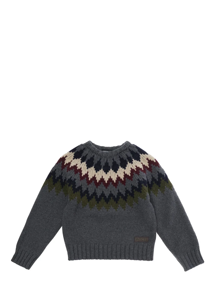 Crewneck sweater with geometric embroidery in wool blend boy