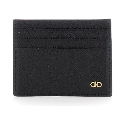 Black Card Holder with Micro Gancini on the Front and Logo Lettering on the Rear in Grained Leather Man