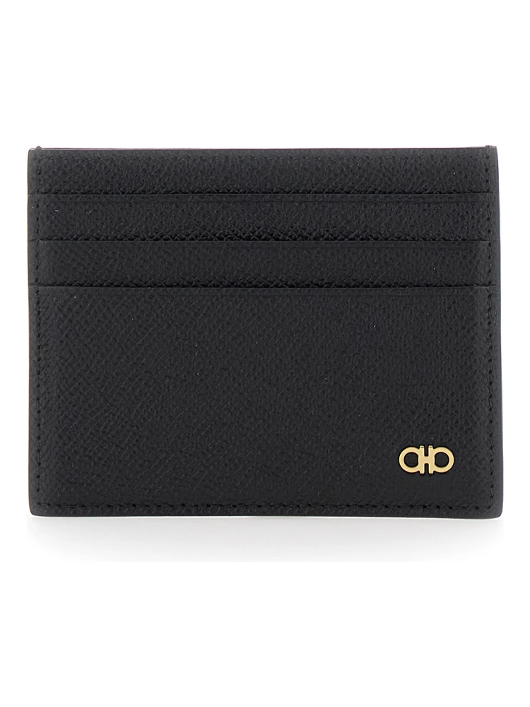 Black Card Holder with Micro Gancini on the Front and Logo Lettering on the Rear in Grained Leather Man