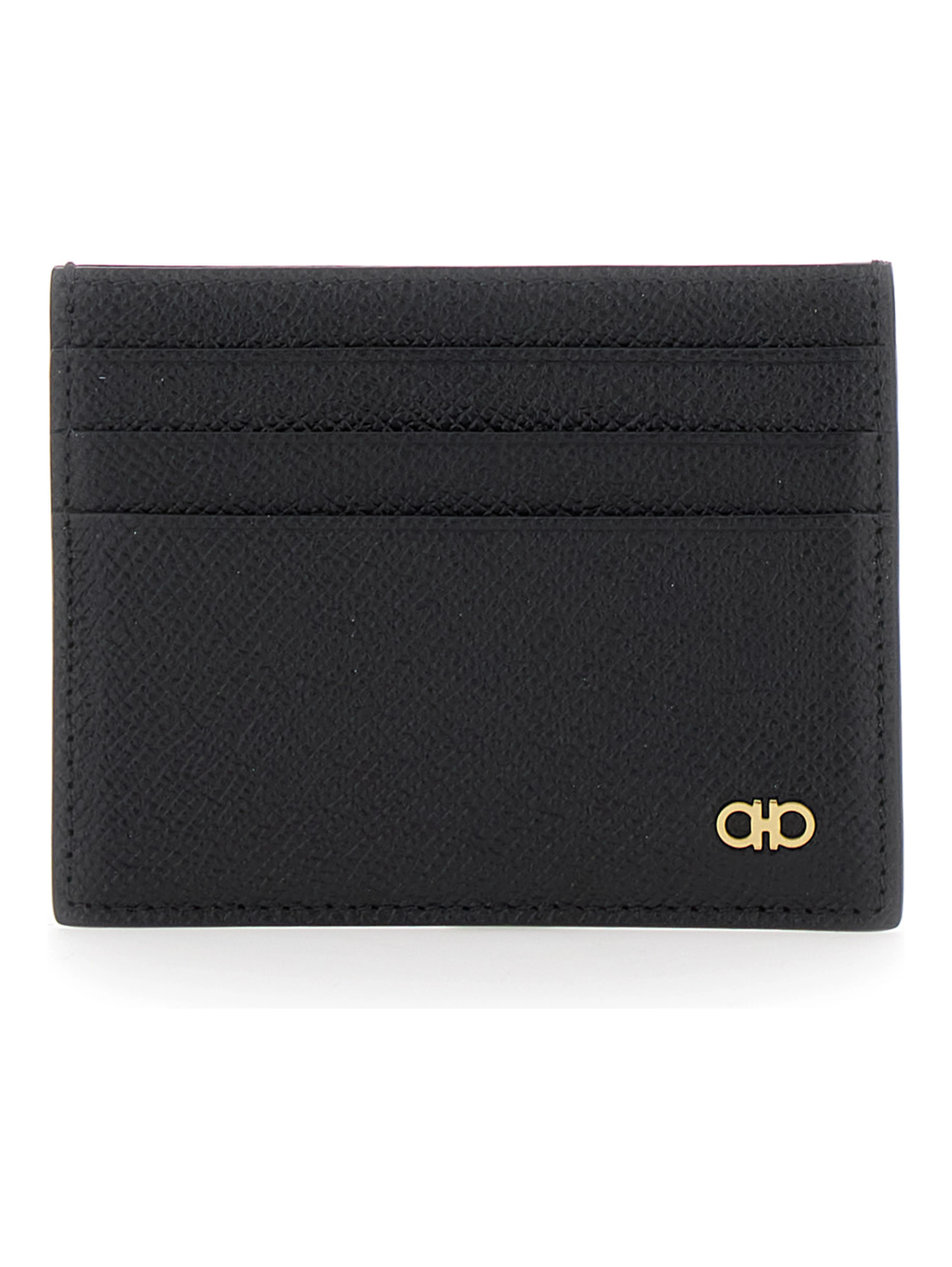 Black Card Holder with Micro Gancini on the Front and Logo Lettering on the Rear in Grained Leather Man