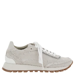 Grey Low Top Sneakers with Perforated Round Toe and Rubber Sole in Suede for Women