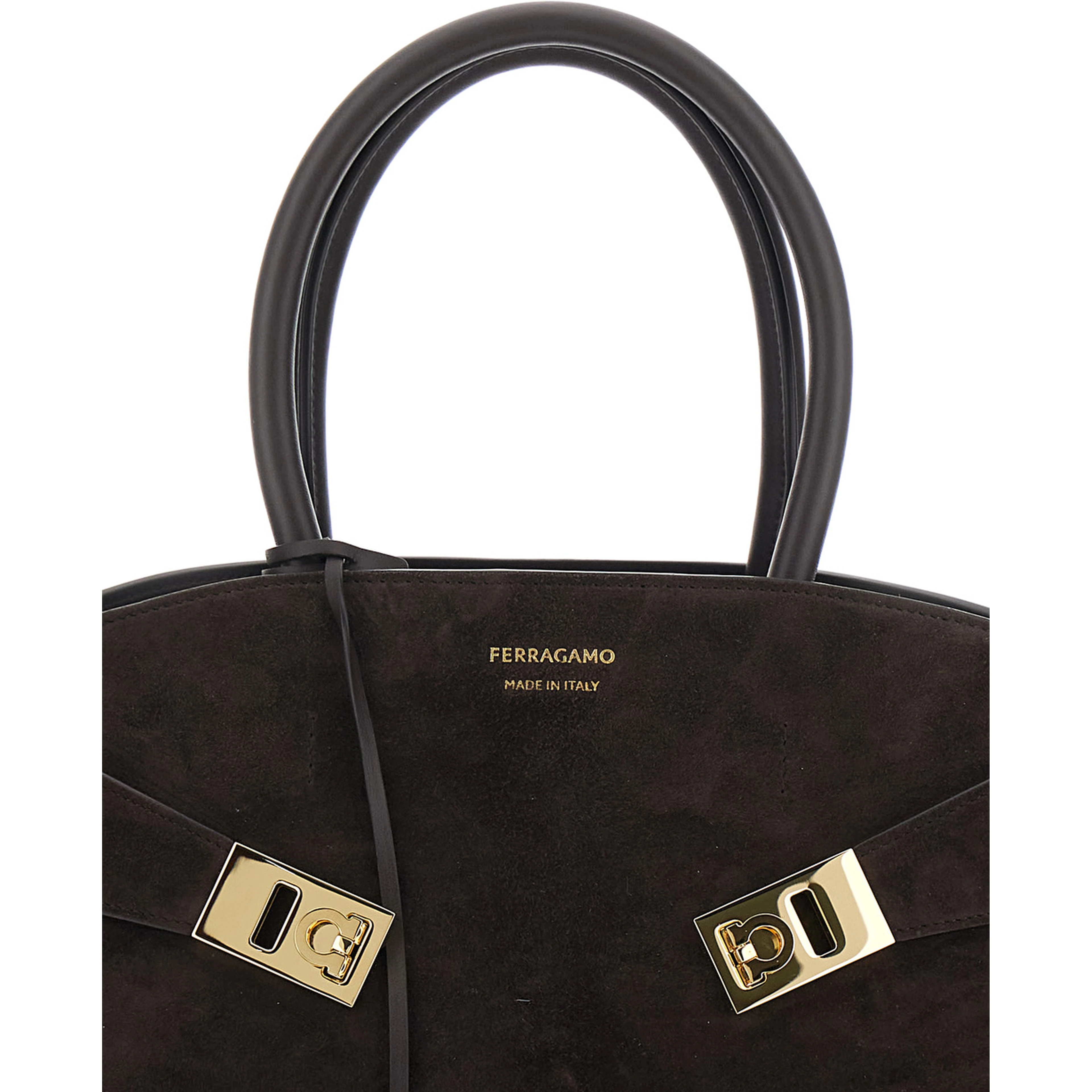 Handbag Hug Piccola with Logo and Gancini Buckles in Brown Suede for Women