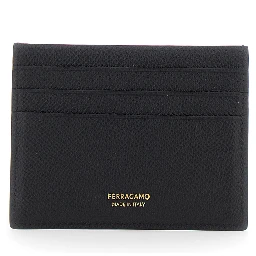 Black Card Holder with Micro Gancini on the Front and Logo Lettering on the Rear in Grained Leather Man