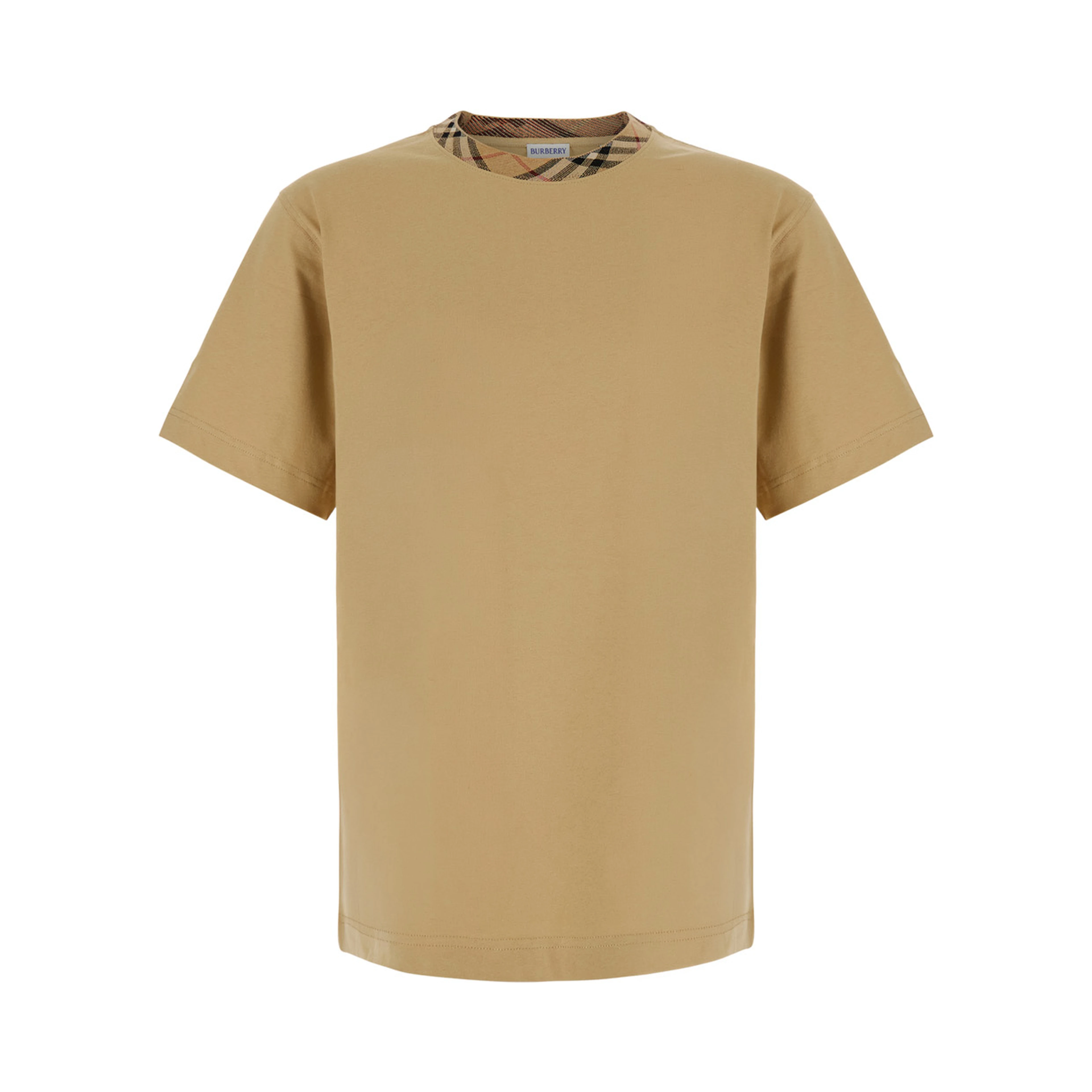 RYAN beige T-shirt with Check motif collar in cotton for men