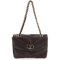Djuna Brown Medium Crossbody bag with two chain handles and VLogo plaque on the front in leather and suede for women