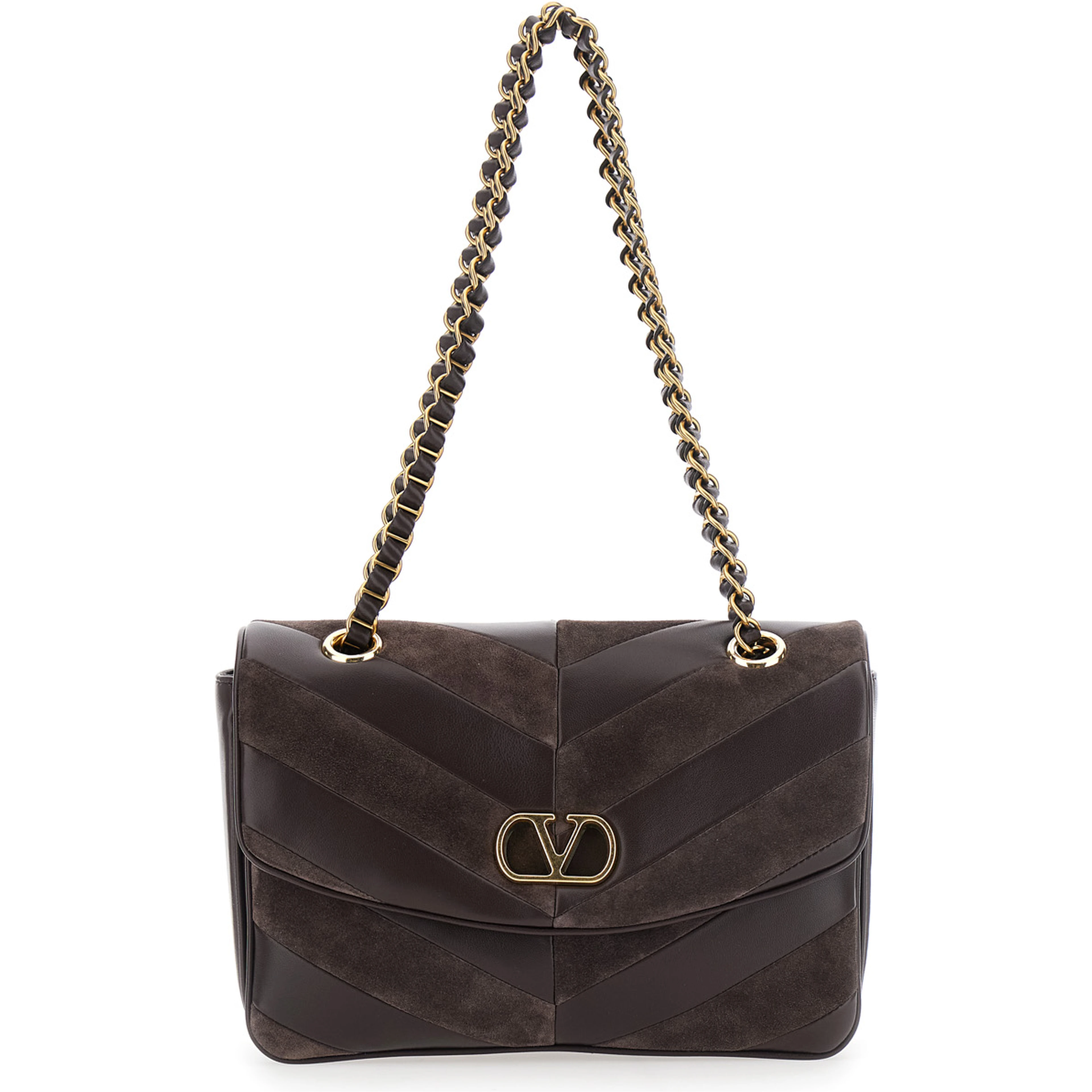 Djuna Brown Medium Crossbody bag with two chain handles and VLogo plaque on the front in leather and suede for women