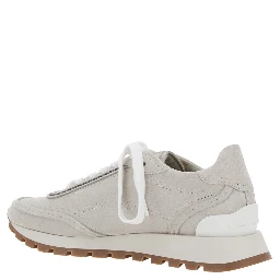 Grey Low Top Sneakers with Perforated Round Toe and Rubber Sole in Suede for Women
