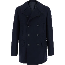 San Francisco Blue Double-Breasted Coat with Notched Revers in Wool Blend for Men