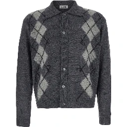 INSIDE OUT ARGYLE COLLAR CARDIGAN with notched revers and long sleeves in acrylic nylon wool and alpaca gray unisex