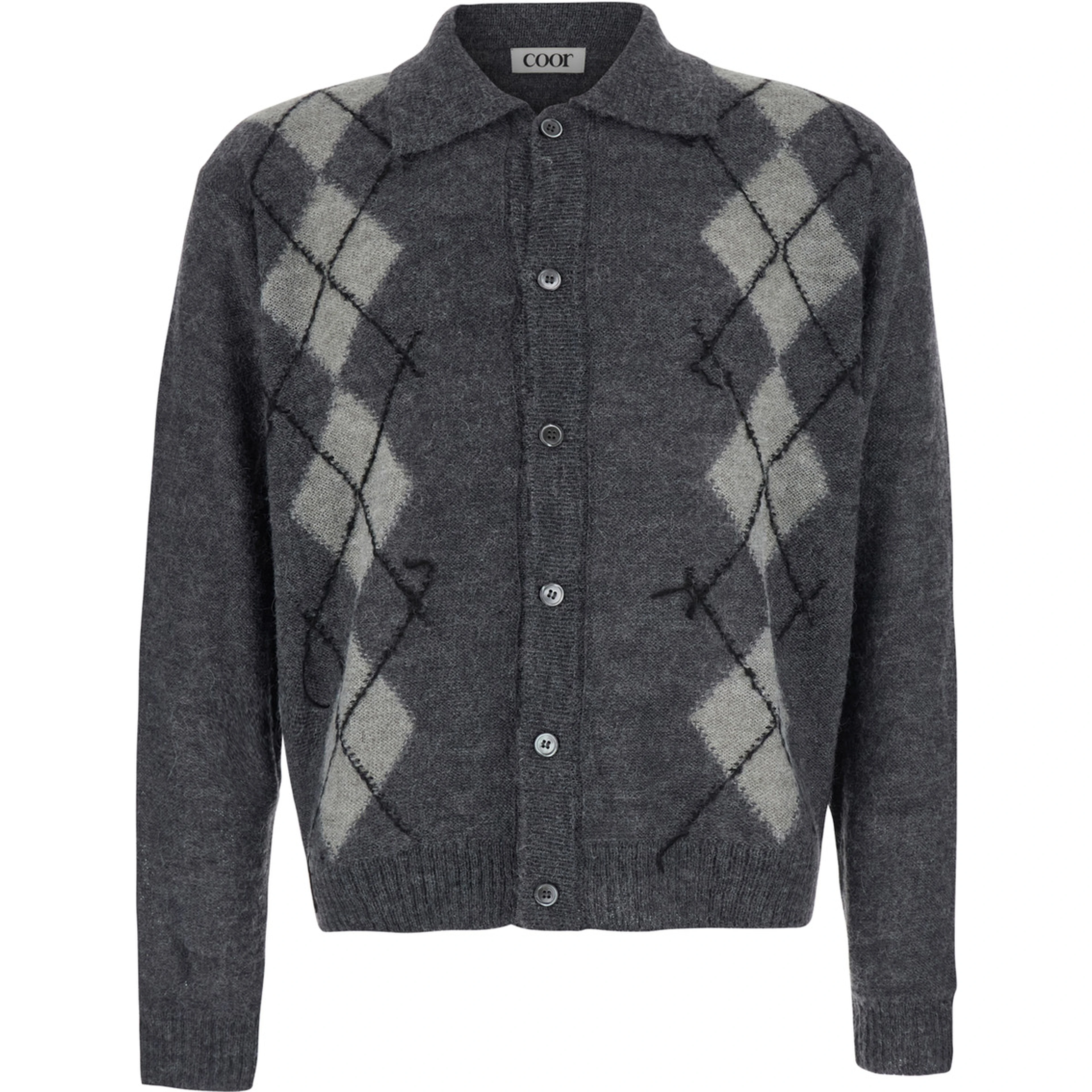 INSIDE OUT ARGYLE COLLAR CARDIGAN with notched revers and long sleeves in acrylic nylon wool and alpaca gray unisex