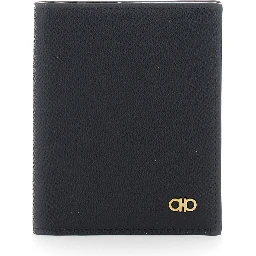 Micro Gancini Black Card holder Bi-Fold with Logo in Grained Leather Men
