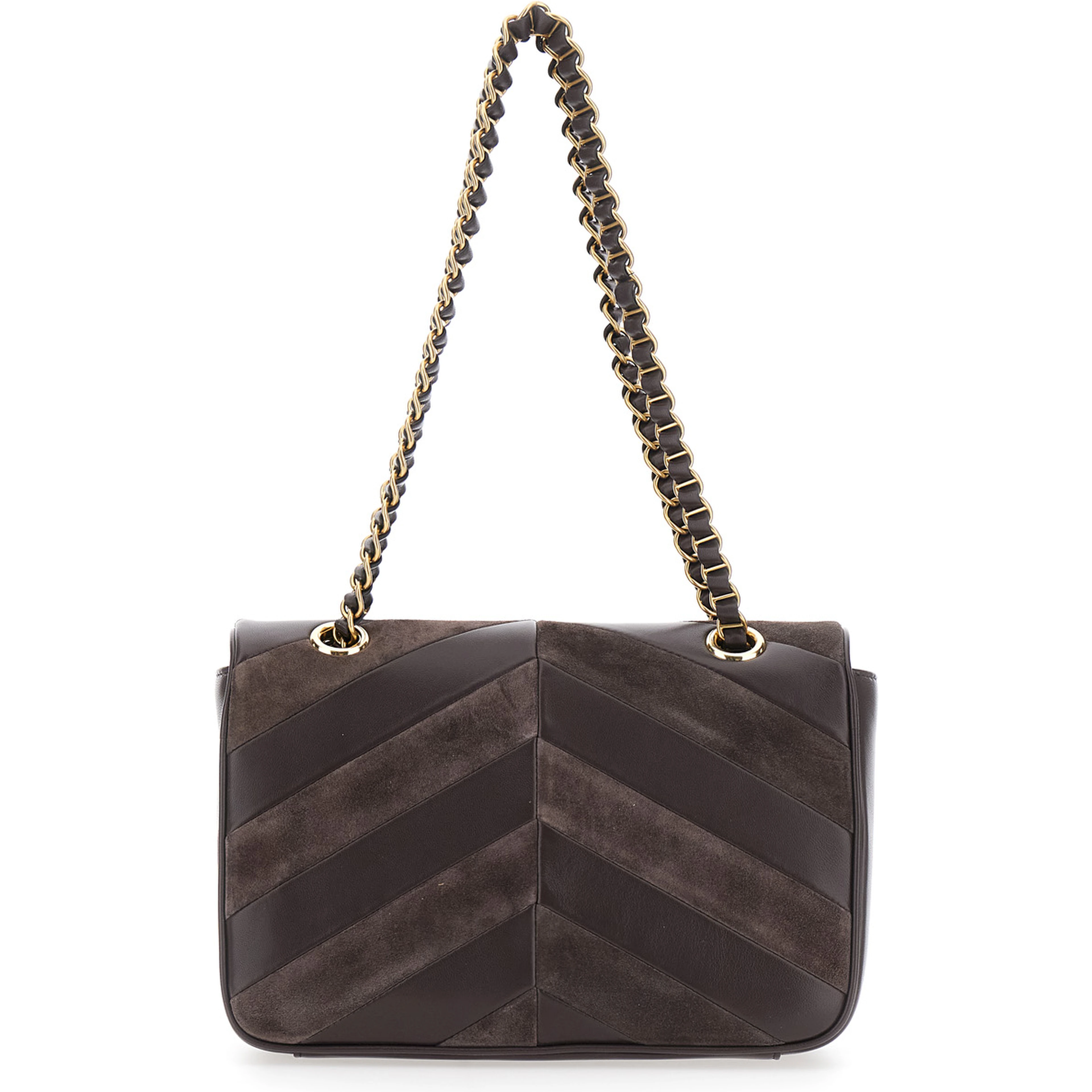 Djuna Brown Medium Crossbody bag with two chain handles and VLogo plaque on the front in leather and suede for women