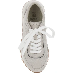 Grey Low Top Sneakers with Perforated Round Toe and Rubber Sole in Suede for Women