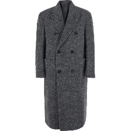 HAIRY PEAKED LAPEL DOUBLE COAT with notched revers and long sleeves. Made of wool, nylon, polyester, and alpaca. Color gray. Men.